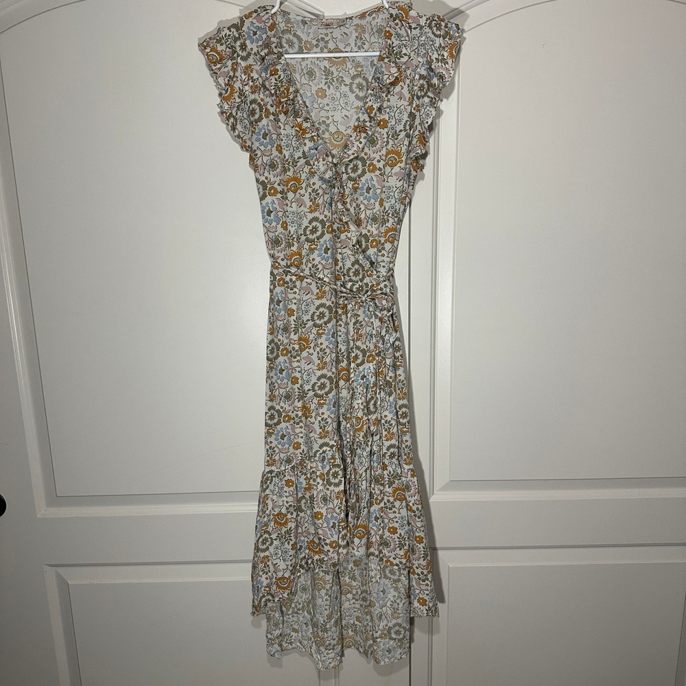 Faherty Carmen Floral Print Wrap Midi Dress Ruffle Short Sleeve Hi Low Small - Picture 2 of 7
